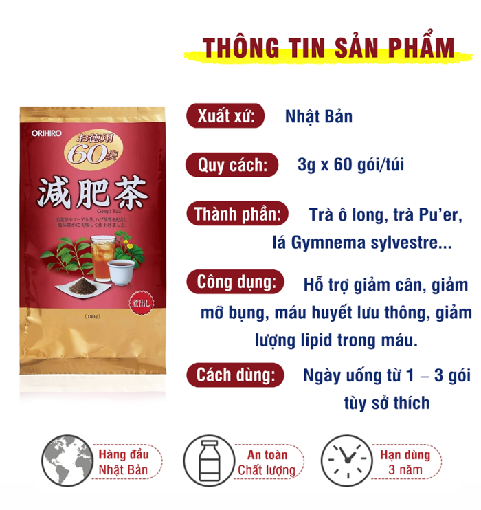 Thực phẩm chức năng Trà giảm mỡ bụng Genpi Tea Orihiro Nhật Bản - 60 gói x 3g
