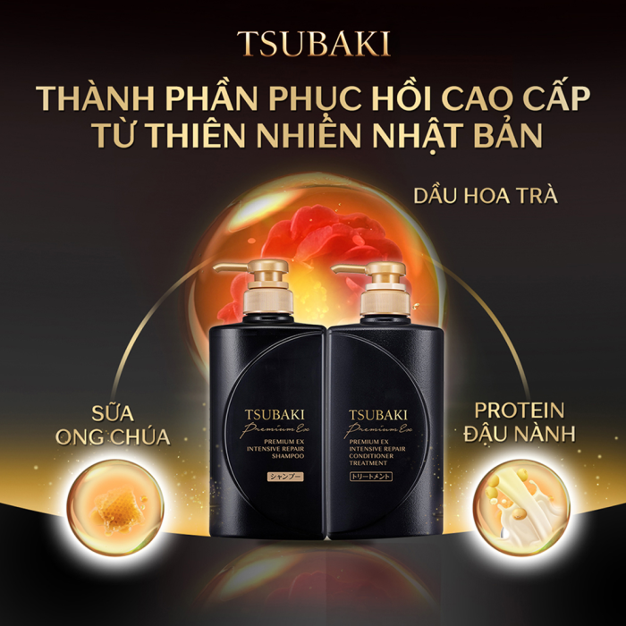 Cặp gội - xả Tsubaki Premium EX Repair siêu phục hồi 490ml (màu đen)